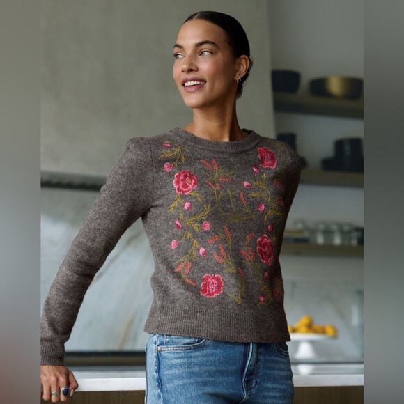 Sundance Evermore Bloom Embroidered Floral Charcoal Sweater size medium - Picture 5 of 11